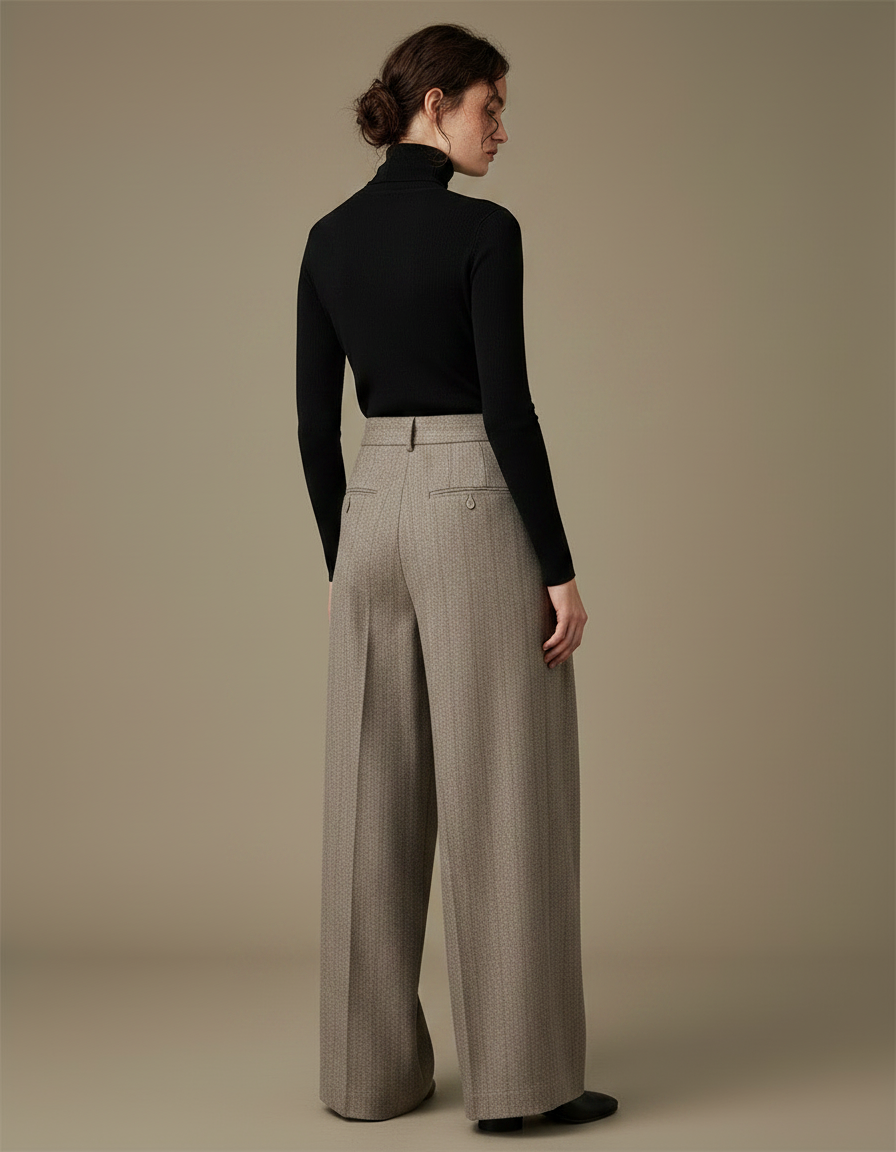 Pantalon Marron Laine Chevron Plissé Ample Taille Haute - Tweed - vue 2