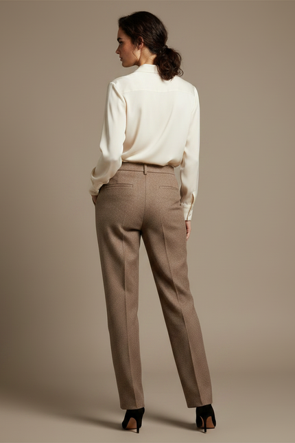 Pantalon Marron Tweed Taille Haute Plissé Décontracté Élégant - vue 2