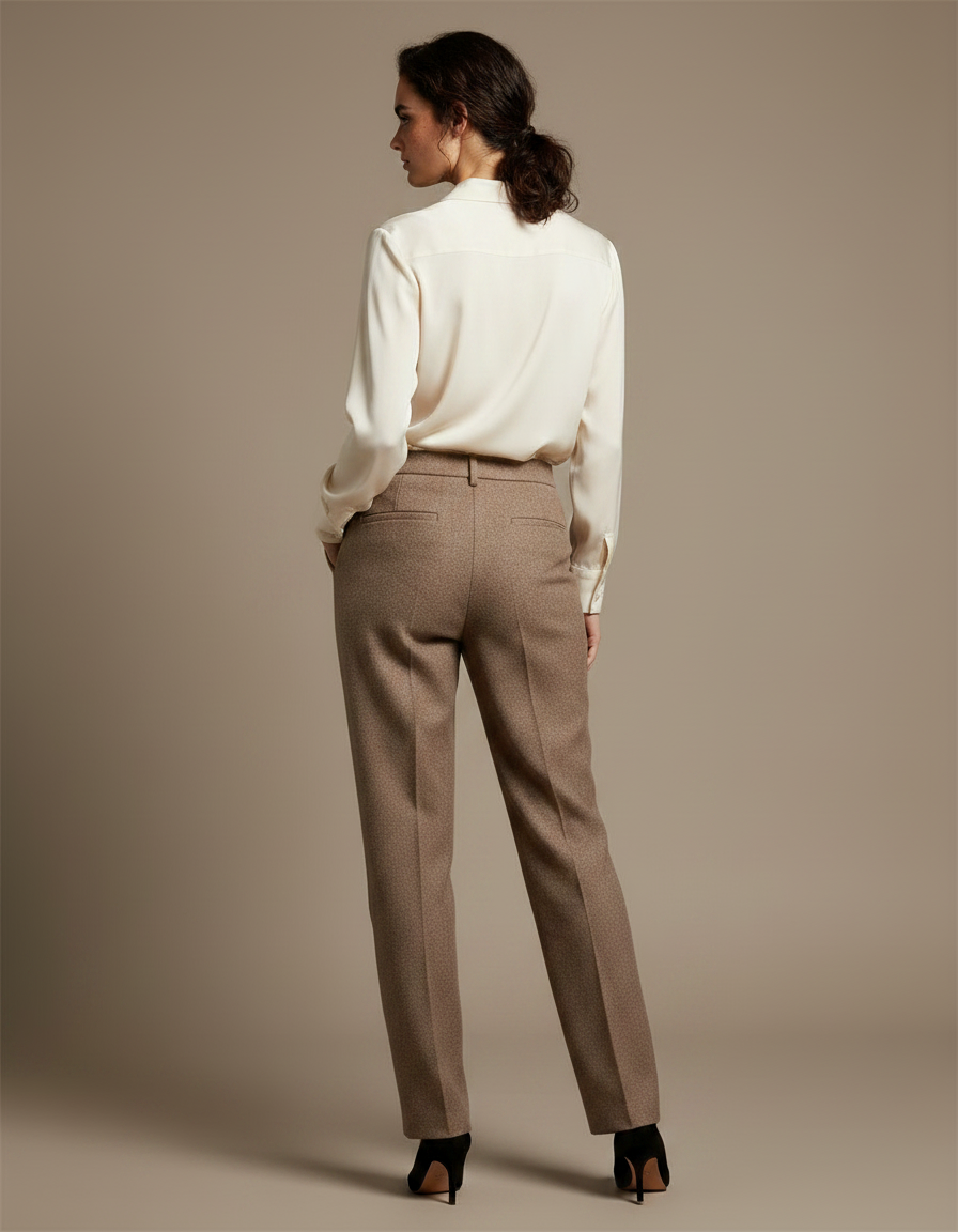Pantalon Marron Tweed Taille Haute Plissé Décontracté Élégant - vue 2