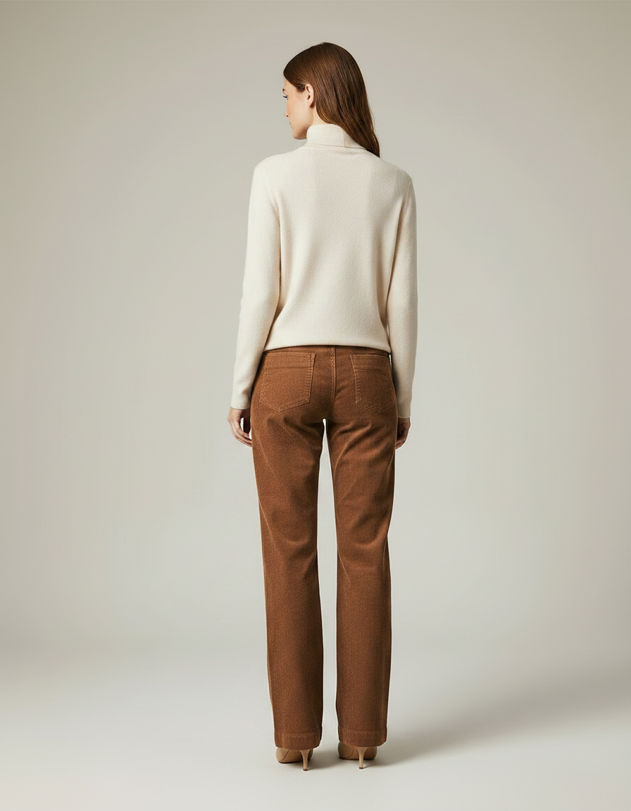 Pantalon Marron Côtelé Large Droit Décontracté Femme - Cordé - vue 2