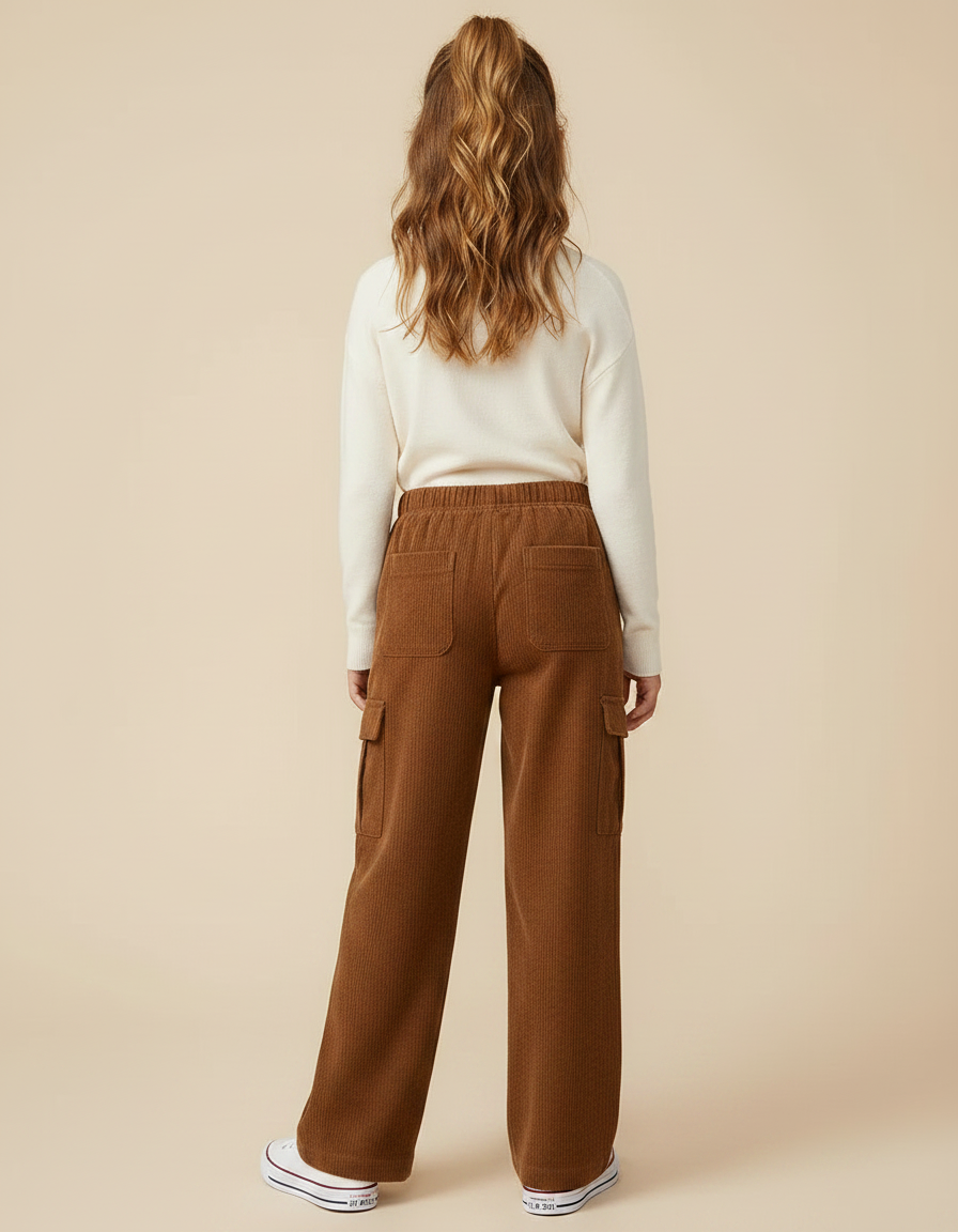 Pantalon Marron Côtelé Ample Décontracté Poches Fille - Cordé - vue 2