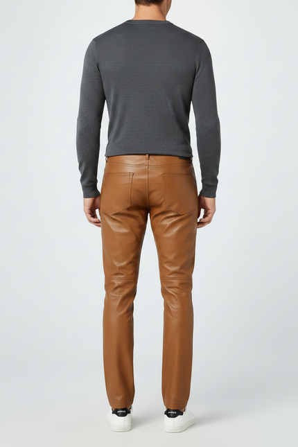 Pantalon Marron Simili Cuir Slim Homme Élégant - vue 2