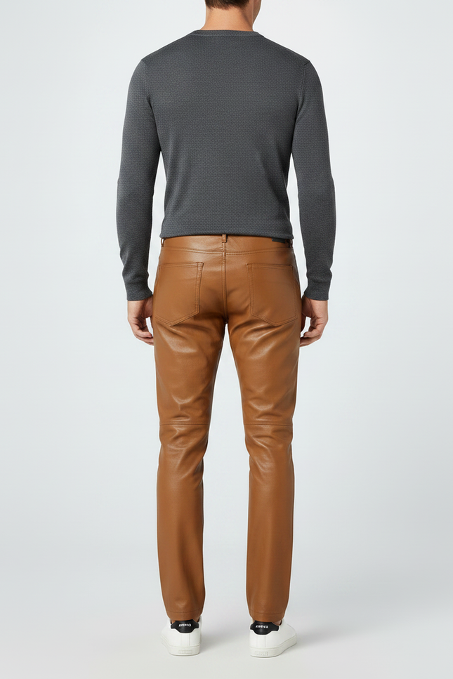 Pantalon Marron Simili Cuir Slim Homme Élégant - vue 2