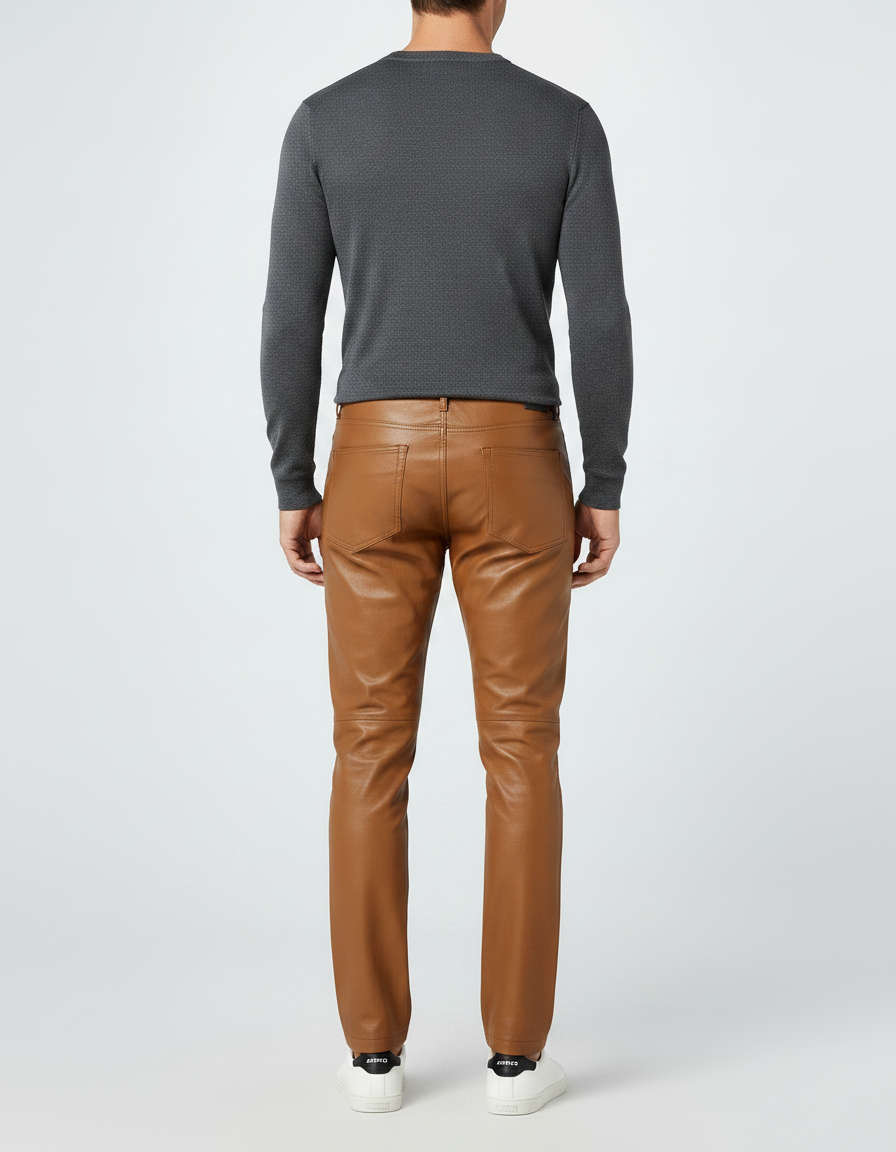 Pantalon Marron Simili Cuir Slim Homme Élégant - vue 2