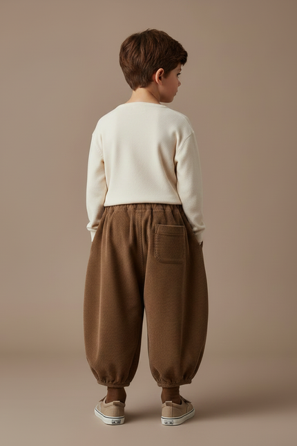 Pantalon Marron Côtelé Ample Bouffant Enfant Rétro - Cordé - vue 2