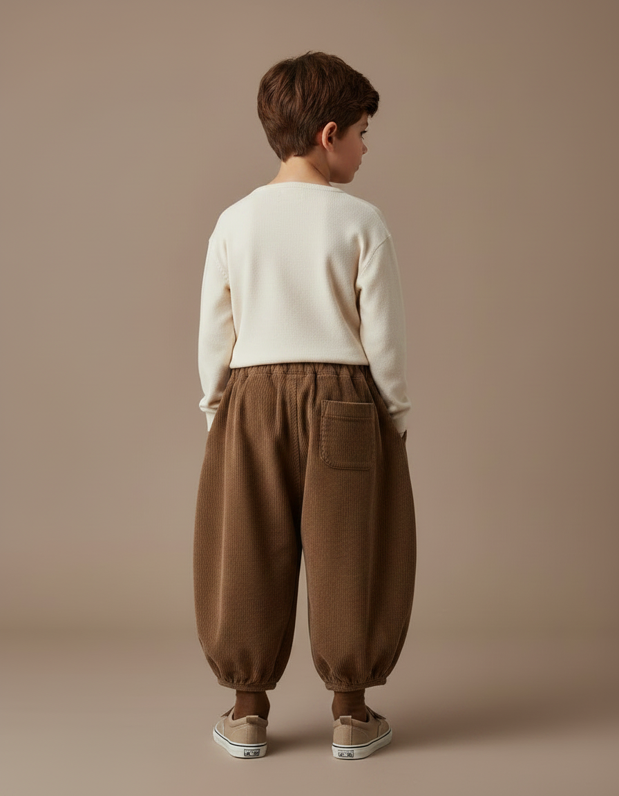 Pantalon Marron Côtelé Ample Bouffant Enfant Rétro - Cordé - vue 2