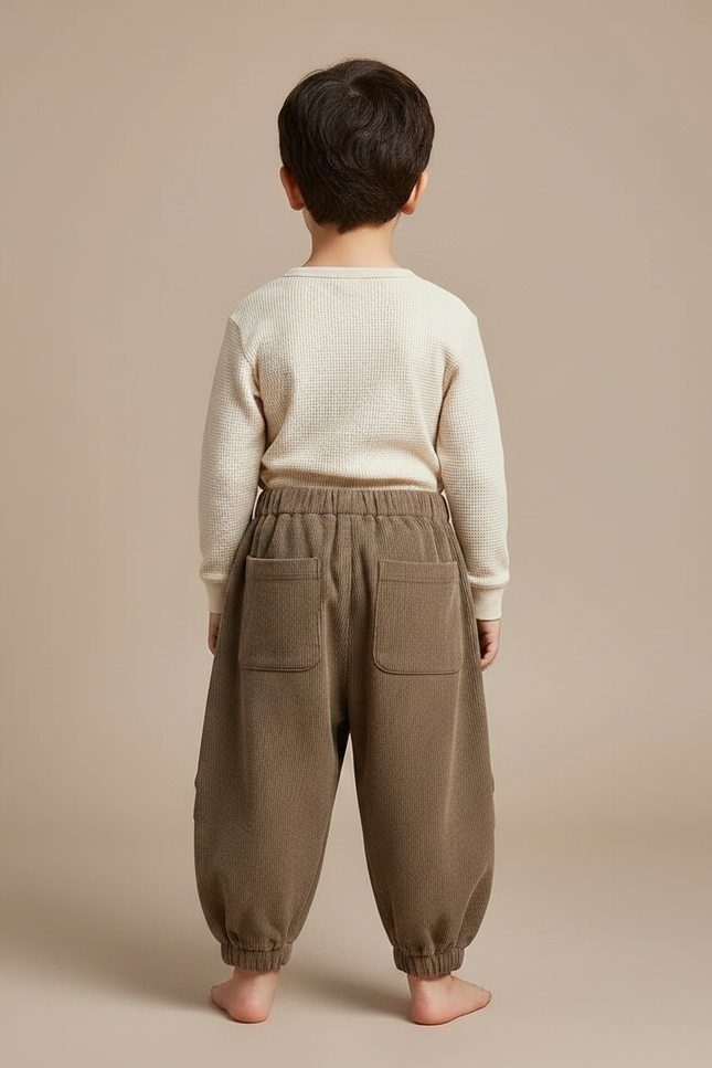 Pantalon Marron Côtelé Ample Cargo Élastiqué Hiver Enfant - Cordé - vue 2