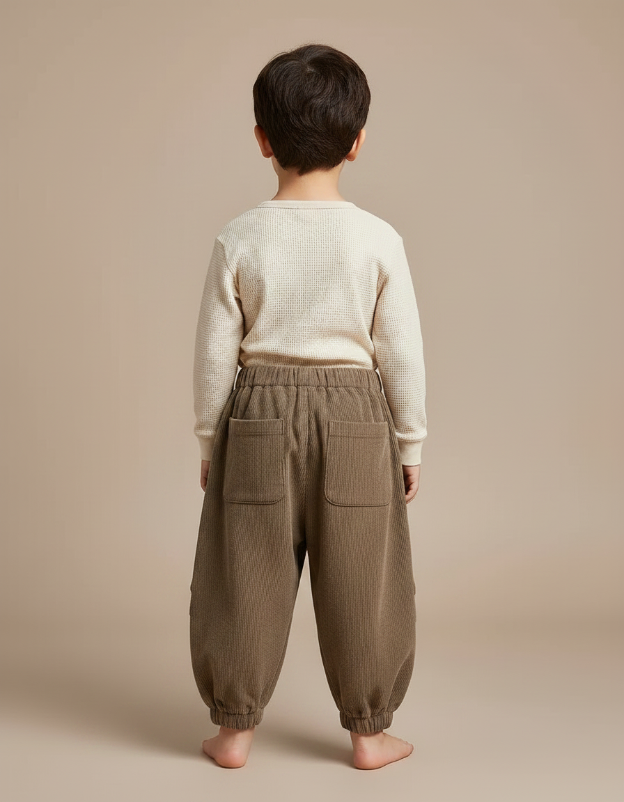 Pantalon Marron Côtelé Ample Cargo Élastiqué Hiver Enfant - Cordé - vue 2