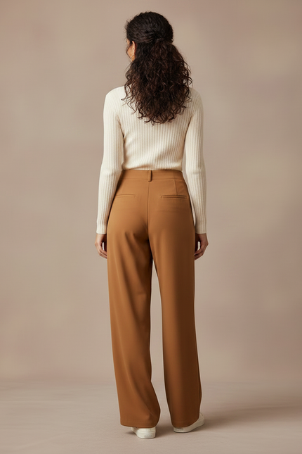 Pantalon Marron Taille Haute Ample Plissé Élégant - Polyester - vue 2