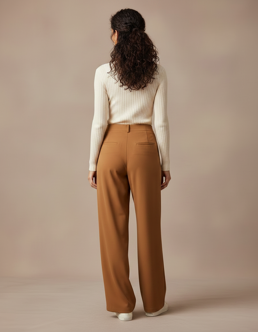 Pantalon Marron Taille Haute Ample Plissé Élégant - Polyester - vue 2