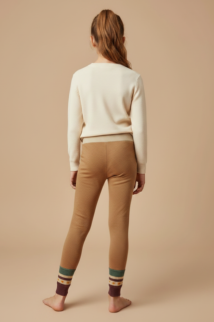 Pantalon Marron Tricoté Slim Motif Géométrique Fille - Camel Maille - vue 2