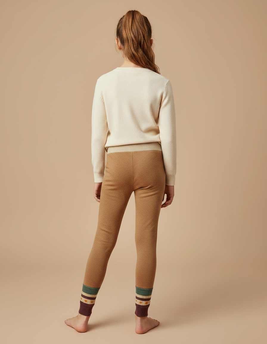 Pantalon Marron Tricoté Slim Motif Géométrique Fille - Camel Maille - vue 2