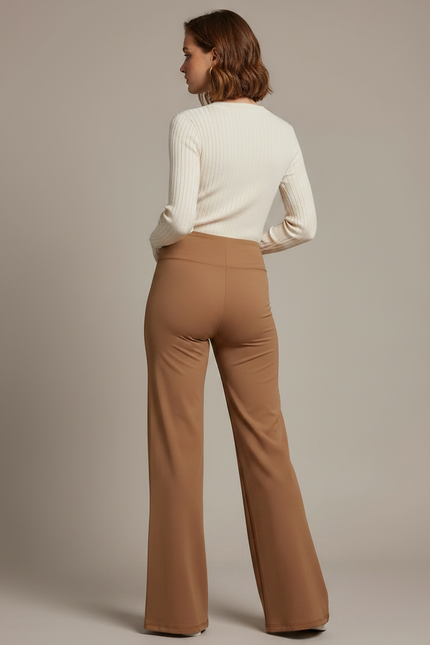 Pantalon Marron Fluide Évasé Taille Haute Confortable - Camel Maille - vue 2