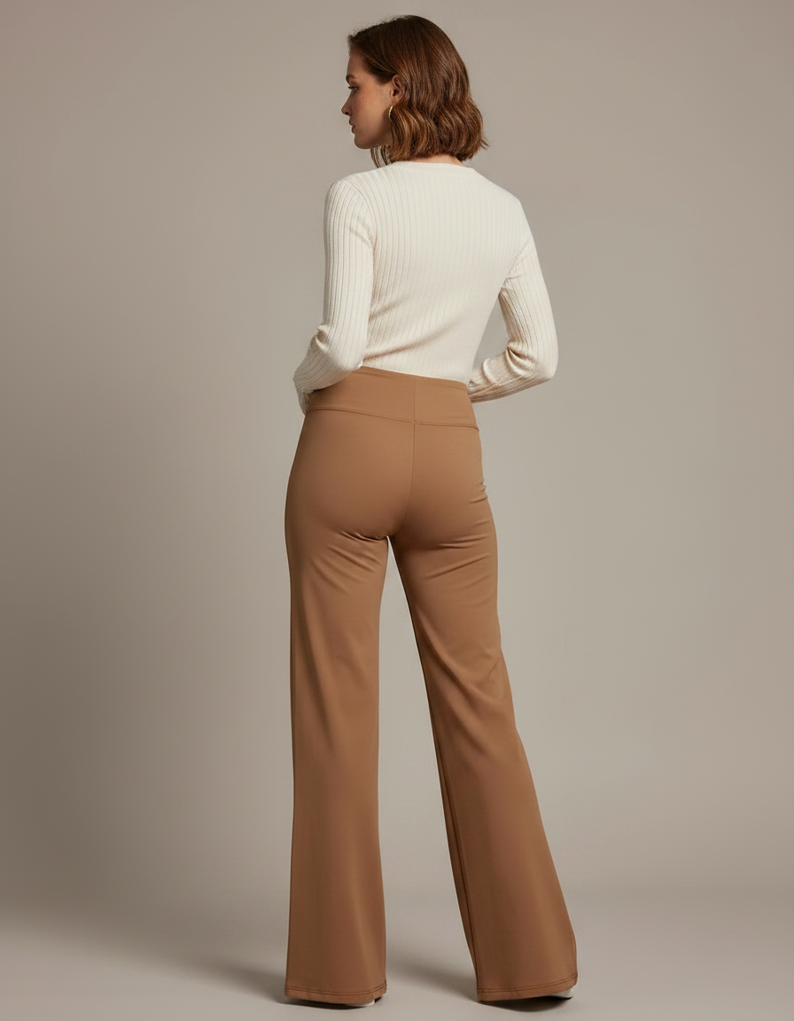 Pantalon Marron Fluide Évasé Taille Haute Confortable - Camel Maille - vue 2