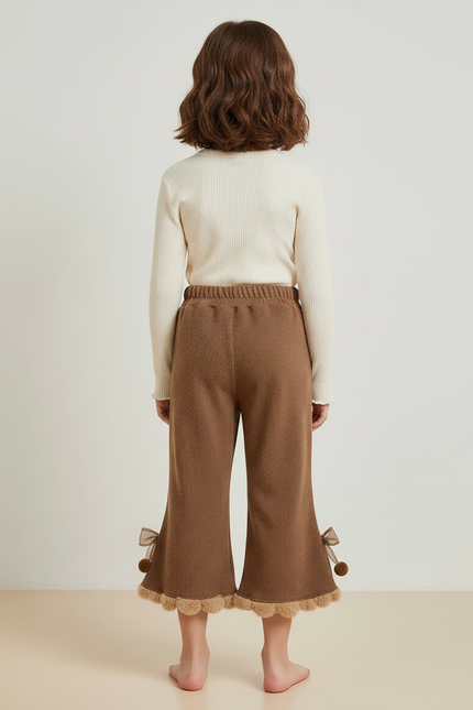 Pantalon Marron Côtelé Évasé Pompons Fille Hiver - Maille - vue 2
