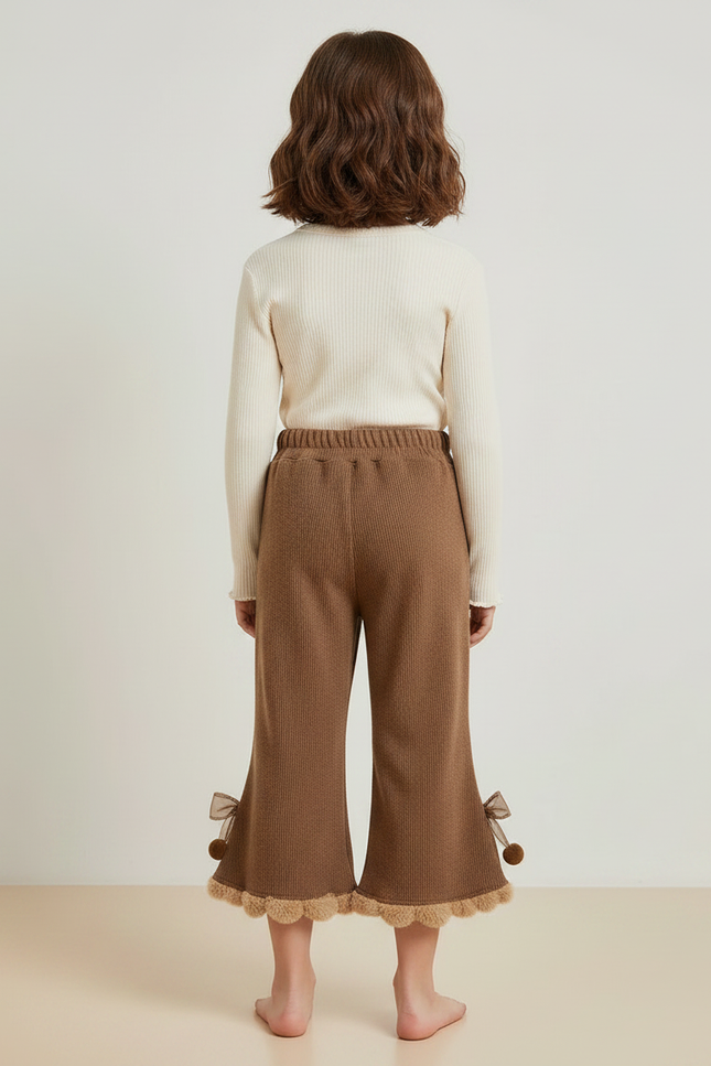 Pantalon Marron Côtelé Évasé Pompons Fille Hiver - Maille - vue 2
