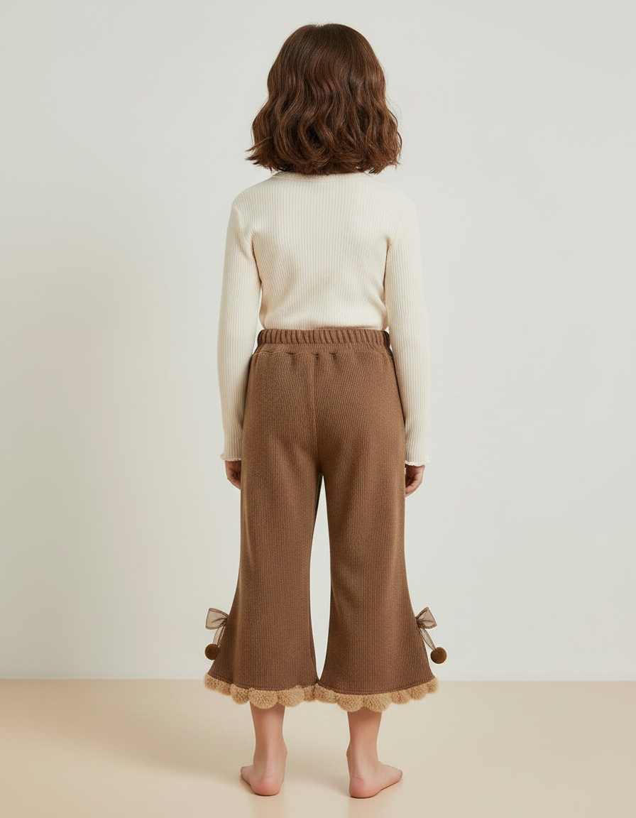 Pantalon Marron Côtelé Évasé Pompons Fille Hiver - Maille - vue 2