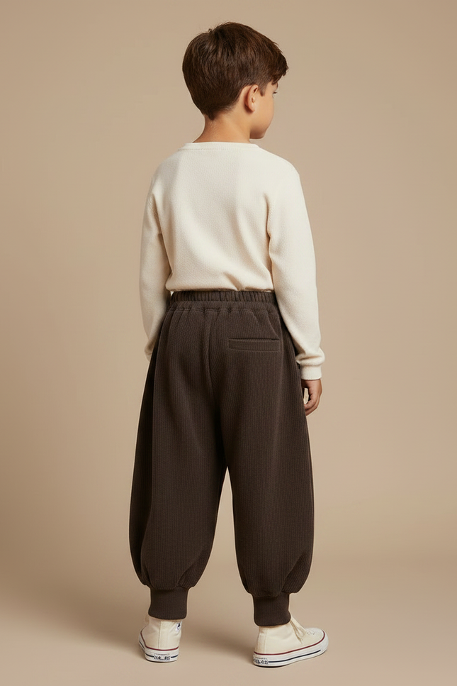 Pantalon Marron Côtelé Ample Élastiqué Enfant Hiver - Cordé - vue 2