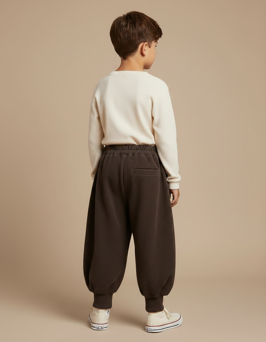 Pantalon Marron Côtelé Ample Élastiqué Enfant Hiver - Cordé - vue 2