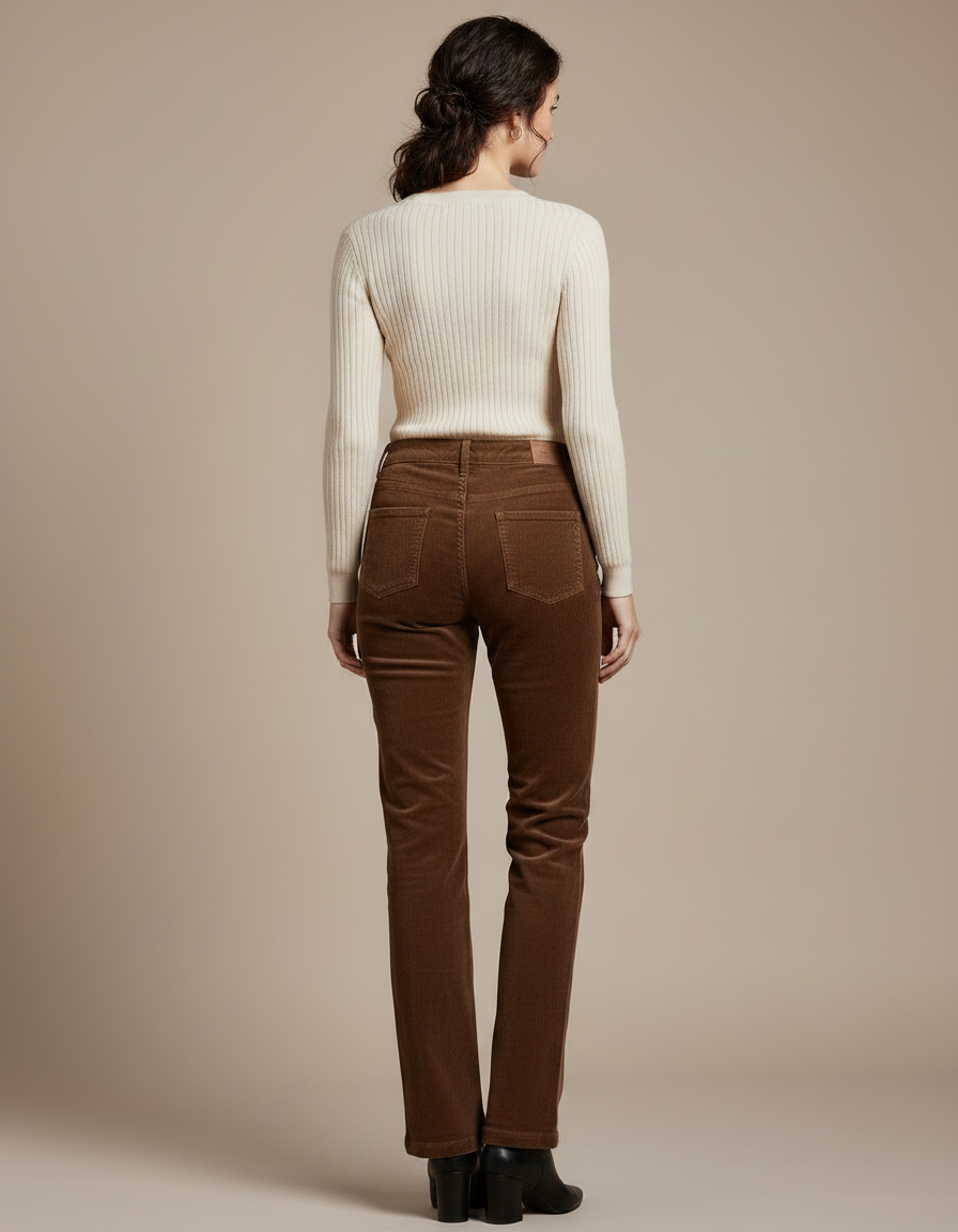 Pantalon Marron Côtelé Droit Taille Haute Casual - Cordé - vue 2