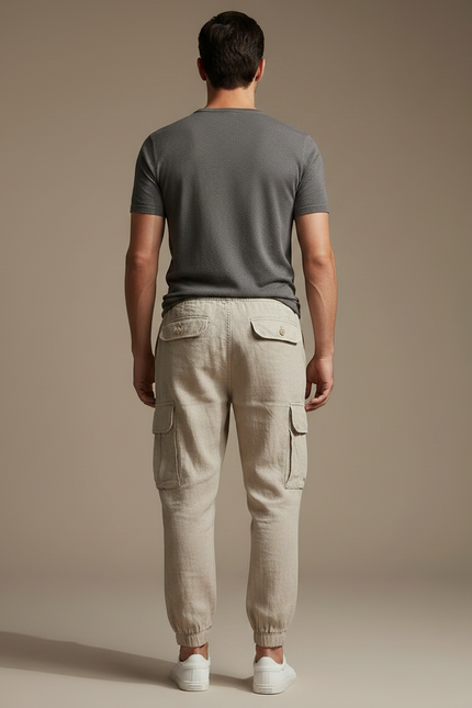 Pantalon Marron Cargo Lin Cordon Décontracté Homme - Beige - vue 2