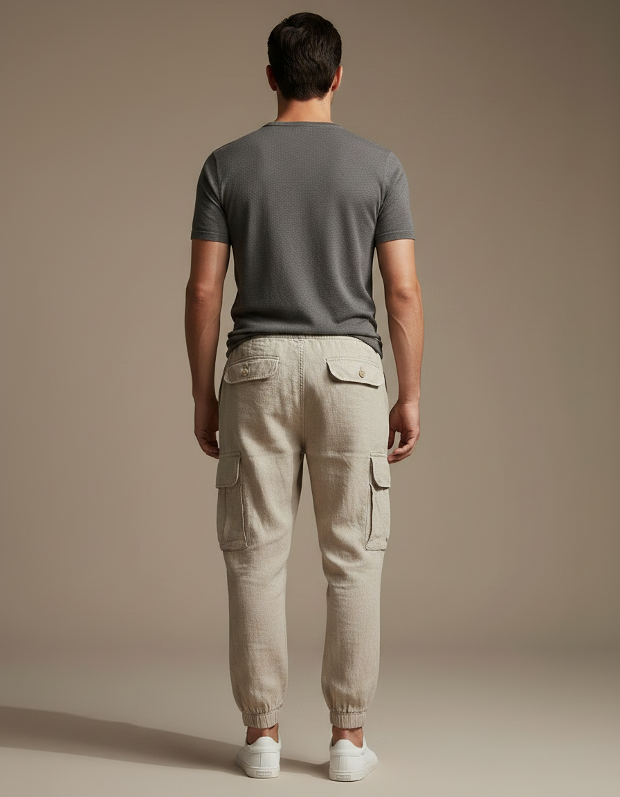 Pantalon Marron Cargo Lin Cordon Décontracté Homme - Beige - vue 2
