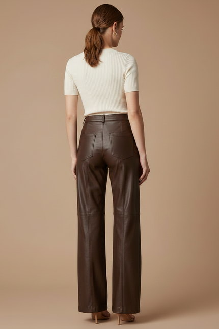 Pantalon Marron Similicuir Droit Ample Élégant Femme - Simili cuir - vue 2