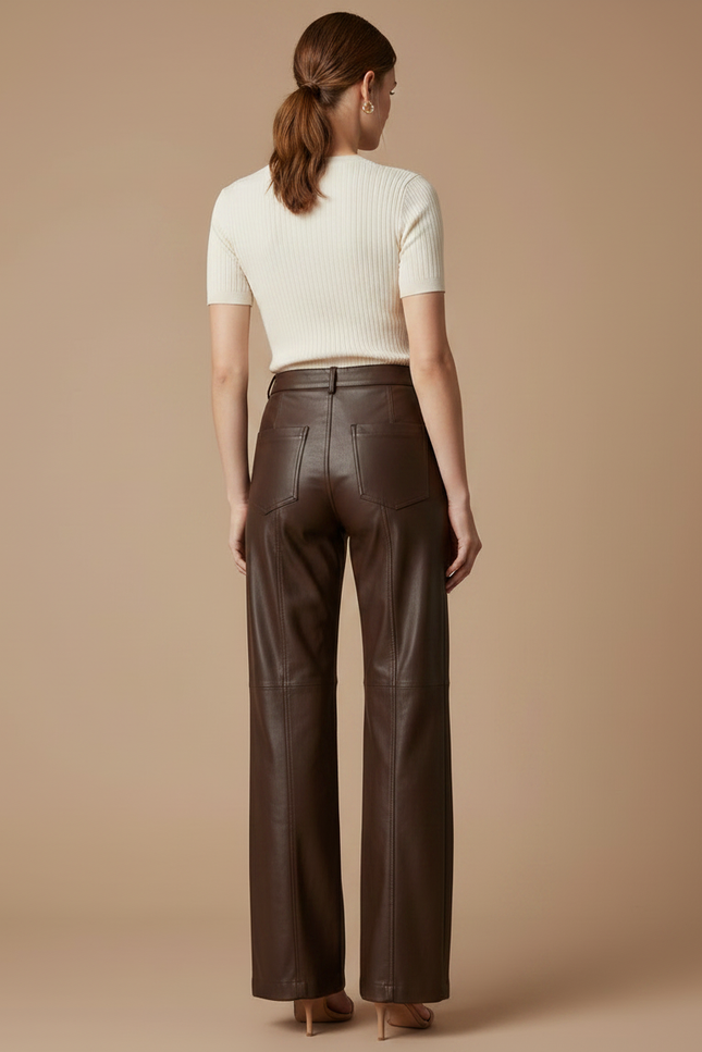 Pantalon Marron Similicuir Droit Ample Élégant Femme - Simili cuir - vue 2