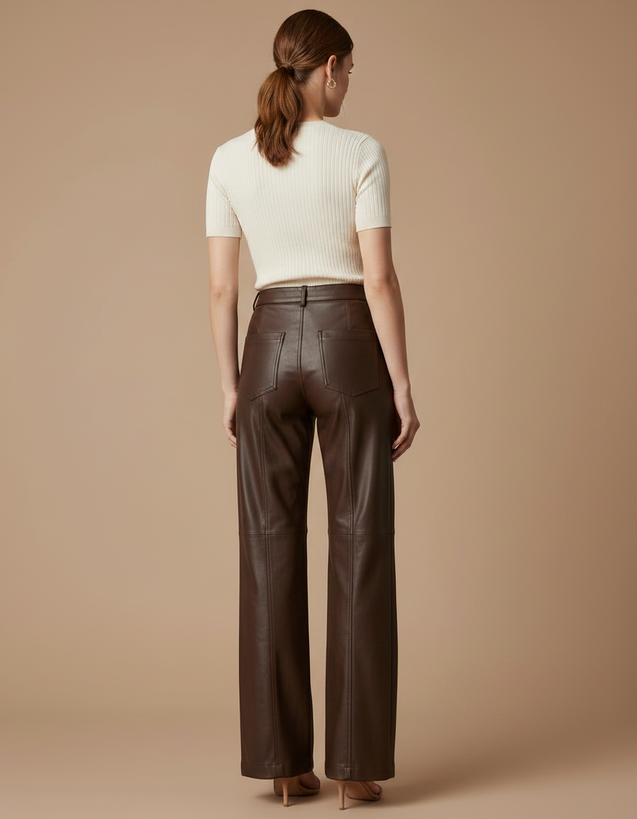Pantalon Marron Similicuir Droit Ample Élégant Femme - Simili cuir - vue 2