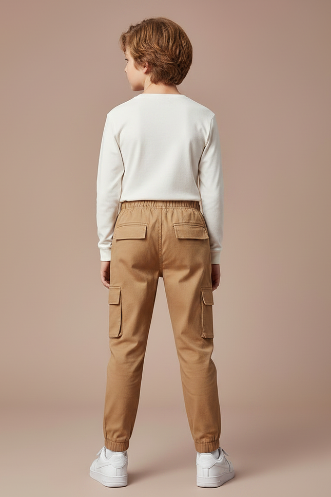 Pantalon Marron Cargo Ample Taille Élastique Enfant - Toile - vue 2