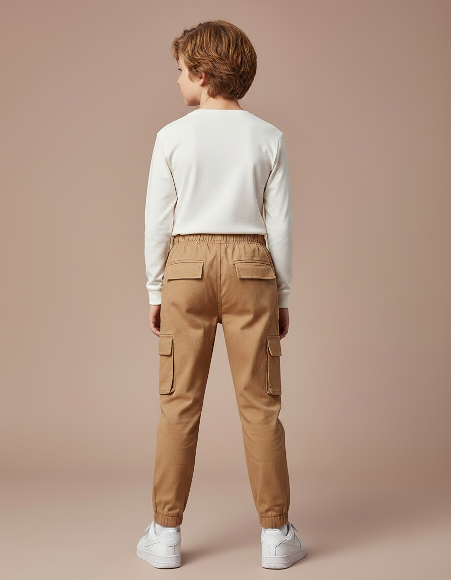 Pantalon Marron Cargo Ample Taille Élastique Enfant - Toile - vue 2