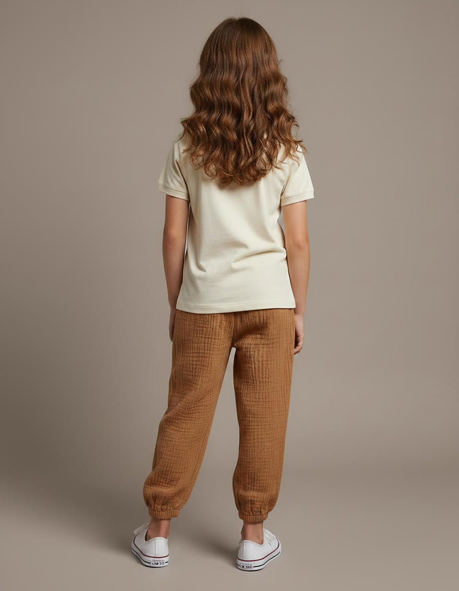 Pantalon Marron Ample Coton Gaufré Décontracté Enfant - vue 2