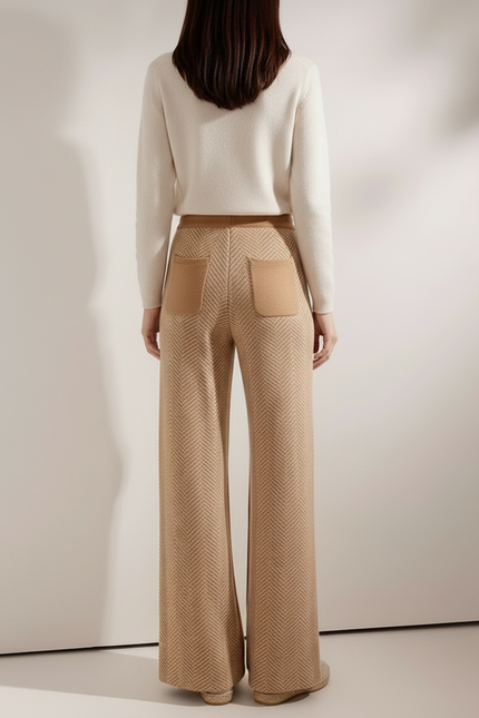 Pantalon Marron Laine Ample Chevron Tricoté Femme - Camel - vue 2