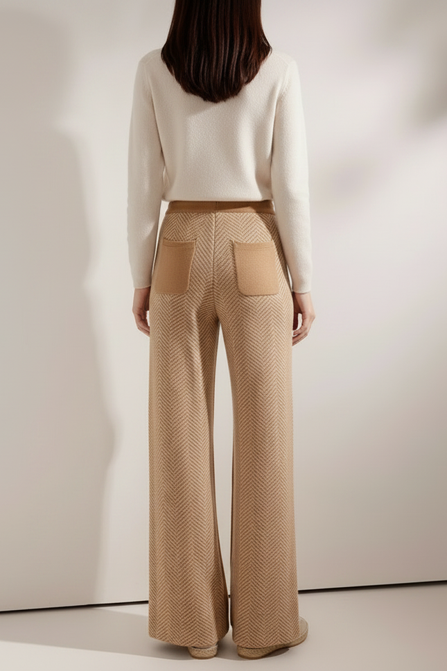 Pantalon Marron Laine Ample Chevron Tricoté Femme - Camel - vue 2