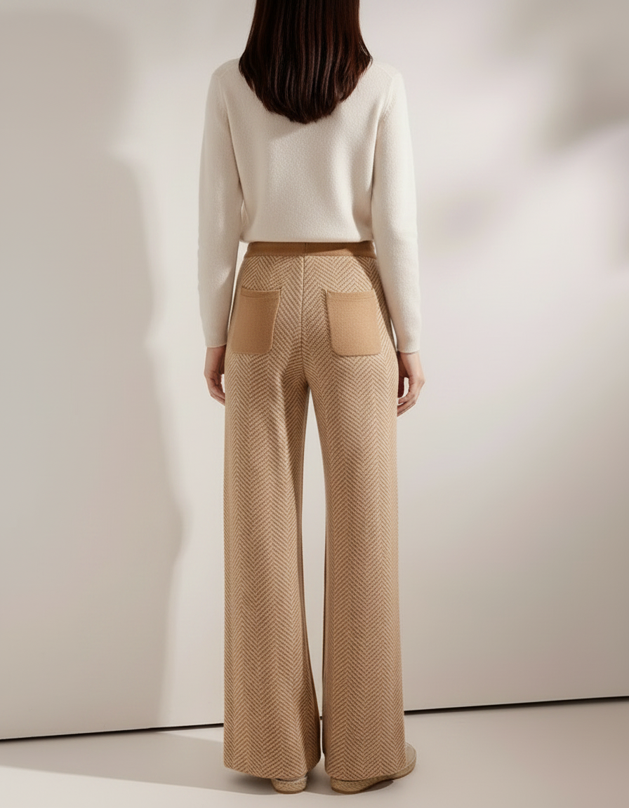 Pantalon Marron Laine Ample Chevron Tricoté Femme - Camel - vue 2
