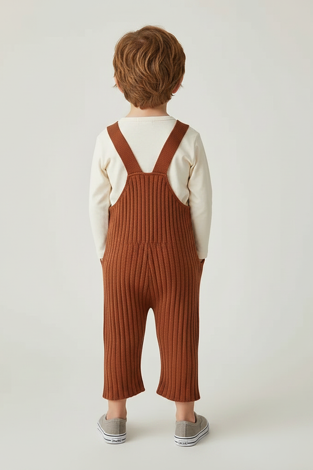 Pantalon Marron Tricoté Côtelé Confortable Salopette Enfant - Maille - vue 2