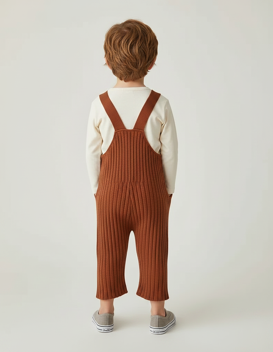 Pantalon Marron Tricoté Côtelé Confortable Salopette Enfant - Maille - vue 2