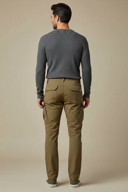 Pantalon Marron Cargo Multipoches Homme Décontracté Ajusté - Kaki Toile - vue 2
