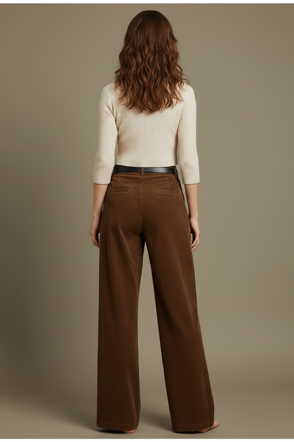 Pantalon Marron Côtelé Taille Haute Ample Femme - Cordé - vue 2
