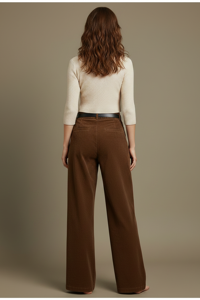 Pantalon Marron Côtelé Taille Haute Ample Femme - Cordé - vue 2