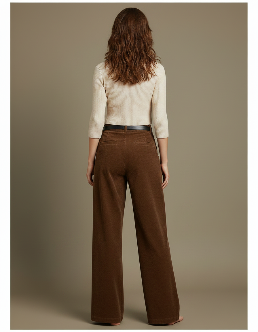 Pantalon Marron Côtelé Taille Haute Ample Femme - Cordé - vue 2