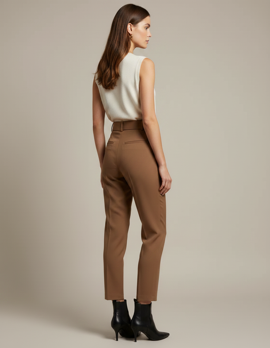 Pantalon Marron Ceinturé Taille Haute Élégant Femme - Polyester - vue 2
