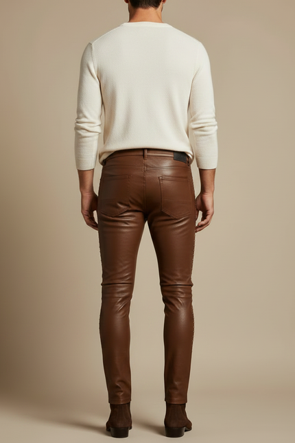 Pantalon Marron Cuir Skinny Clous Homme - vue 2