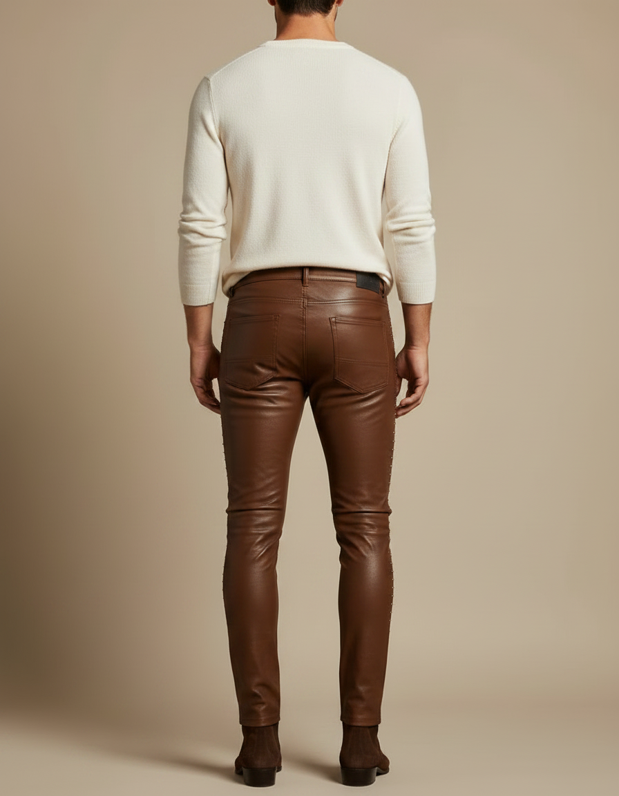 Pantalon Marron Cuir Skinny Clous Homme - vue 2