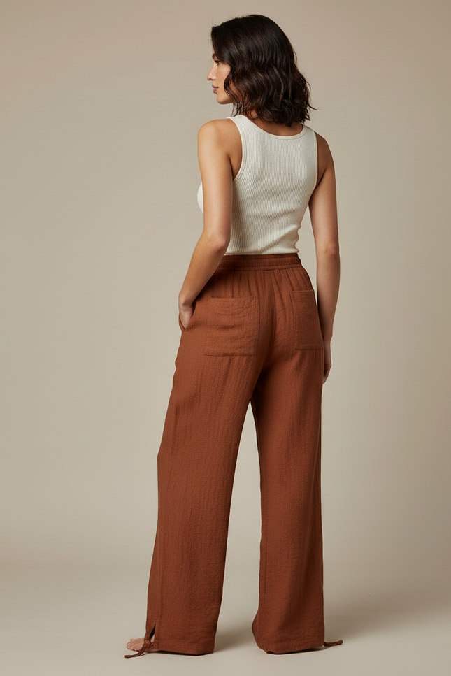 Pantalon Marron Fluide Ample Coton Lin Femme - vue 2