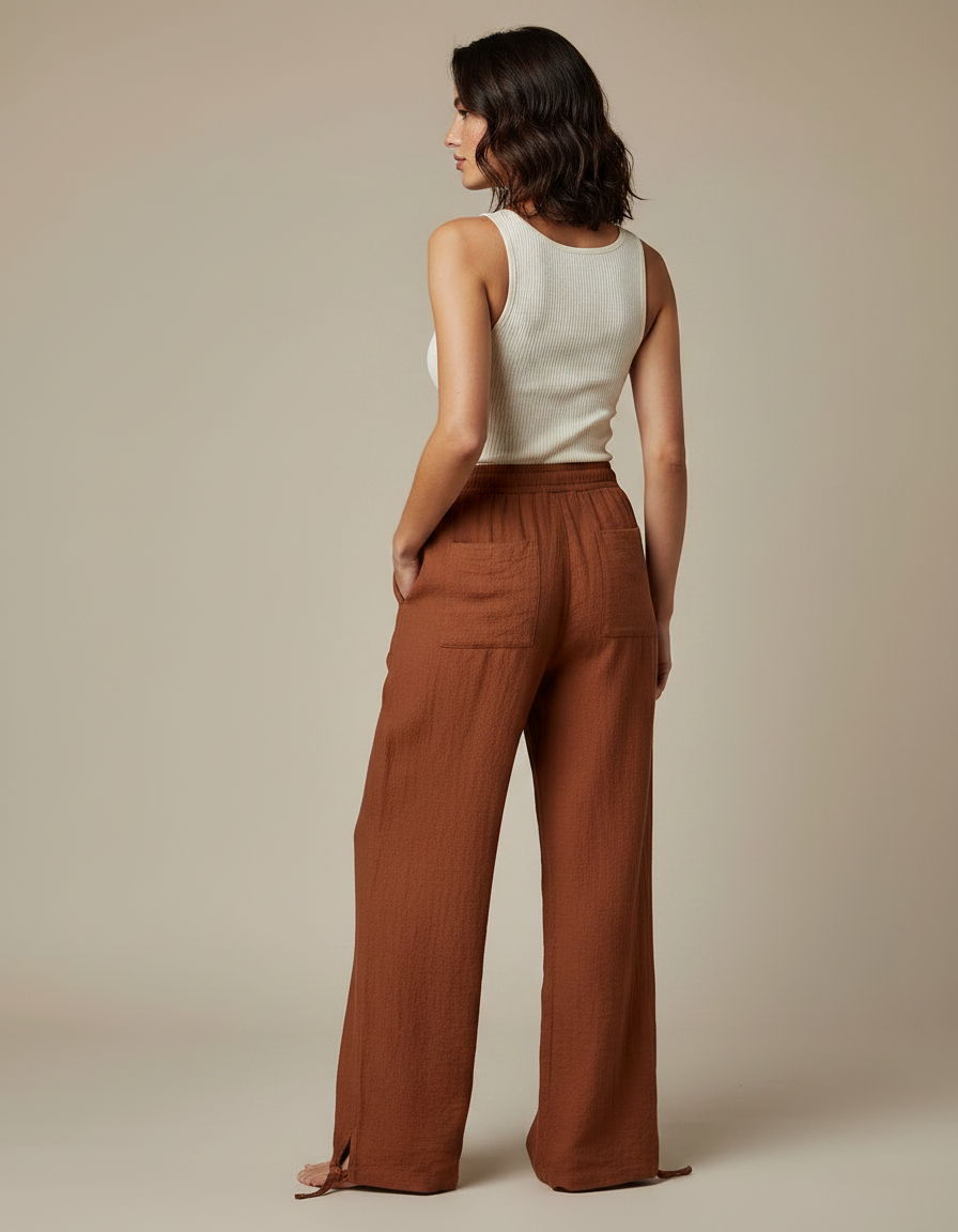 Pantalon Marron Fluide Ample Coton Lin Femme - vue 2