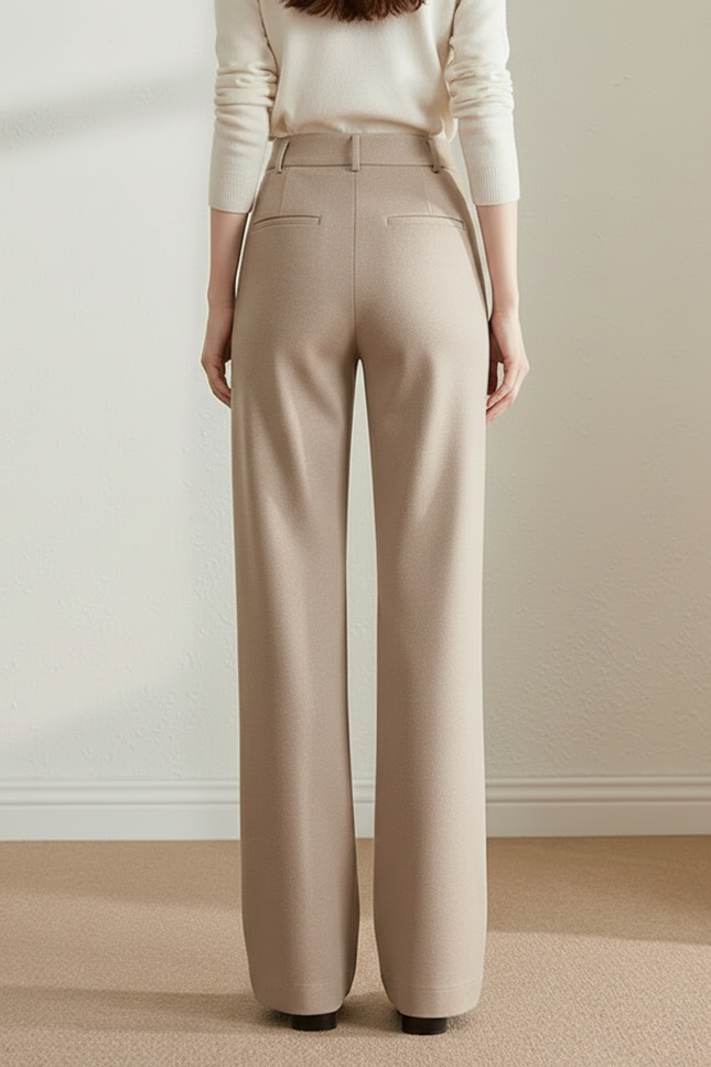 Pantalon Marron Laine Ample Droit Élégant Femme - Beige - vue 2
