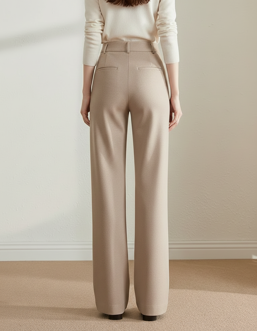 Pantalon Marron Laine Ample Droit Élégant Femme - Beige - vue 2