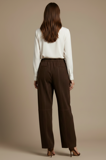 Pantalon Marron Suédé Taille Élastique Droit Femme - Cuir - vue 2