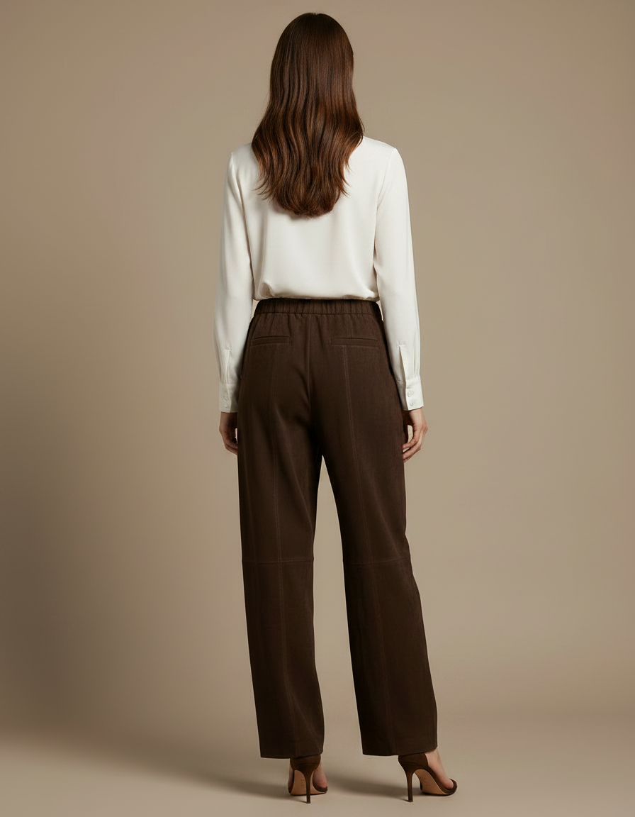 Pantalon Marron Suédé Taille Élastique Droit Femme - Cuir - vue 2